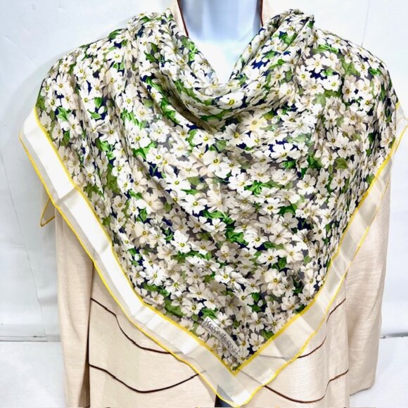 Like New  Yves Saint Laurent Scarf Lg 34"x34" 100% Silkgreen white floral(7 - Picture 1 of 8